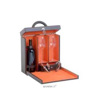 Cassetta Arancio in Pelle 1 Bottiglia Accessori con Bicchieri